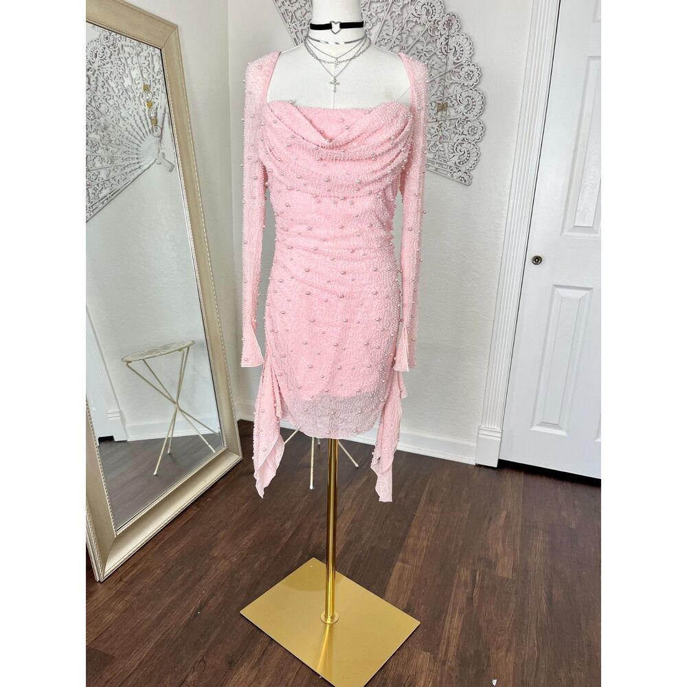 Oh Polly Tivoli Long Sleeve Embellished Cowl Neck Mini Dress Blush US 8